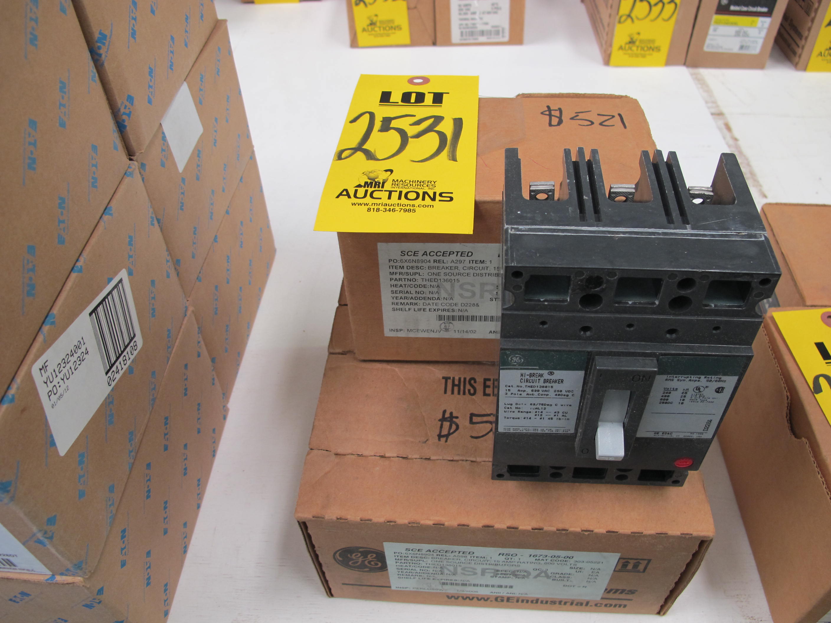 LOT (3) BREAKERS, CIRCUIT TYPE, 15 AMP RATING, 600 VOLT RATING, 3 POLE, MOLDED CASE KIND. PART # THED136015 (W-44) LOADING & HANDLING FEE $5-